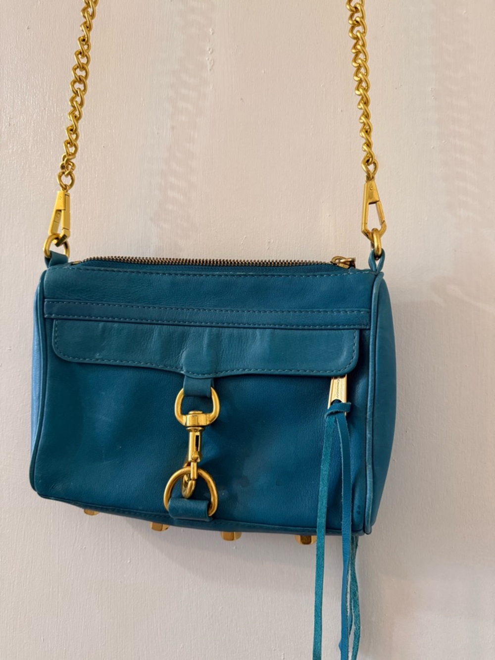 Rebecca Minkoff Teal Leather Mini Crossbody with Gold Chain Strap